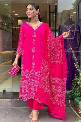 Pink french crepe v-neck kurta with sequin and stone embroidery printed chinon dupatta for elegant festive wear.