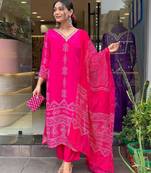 Pink french crepe v-neck kurta with sequin and stone embroidery printed chinon dupatta for elegant festive wear.