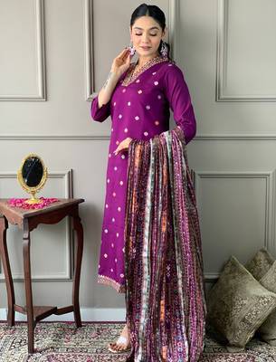 Women's purple viscose chanderi embroidered kurta pant set with printed chinon dupatta 3