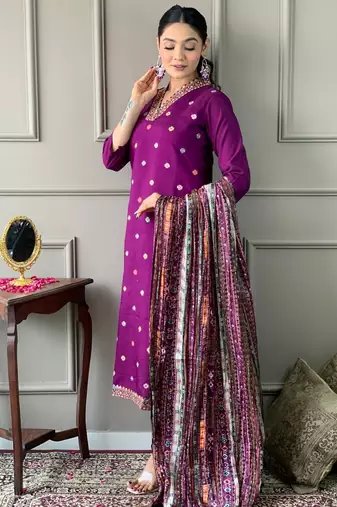 Women's purple viscose chanderi embroidered kurta pant set with printed chinon dupatta