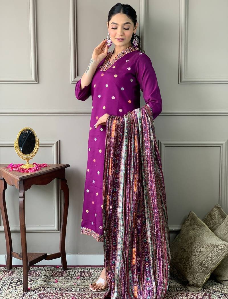 Women's purple viscose chanderi embroidered kurta pant set with printed chinon dupatta