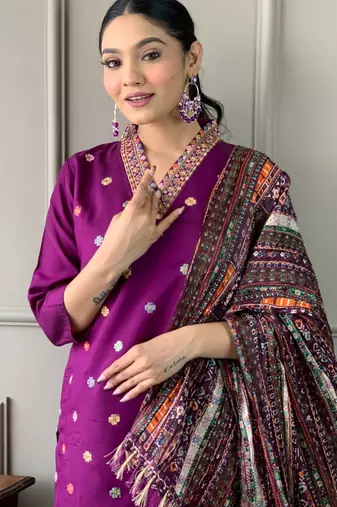 Women's purple viscose chanderi embroidered kurta pant set with printed chinon dupatta