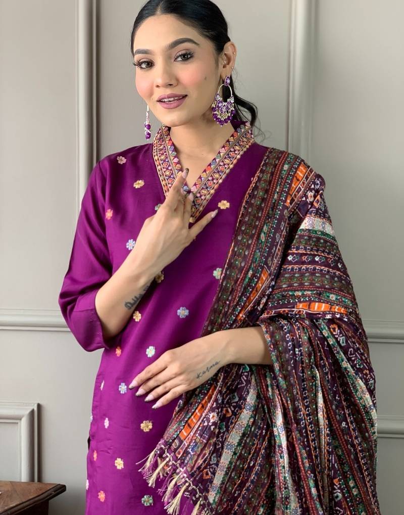 Women's purple viscose chanderi embroidered kurta pant set with printed chinon dupatta