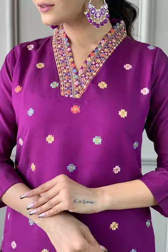 Women's purple viscose chanderi embroidered kurta pant set with printed chinon dupatta