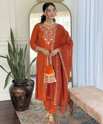 Women's orange viscose chinon embroidered kurta pant set with chanderi dupatta 1