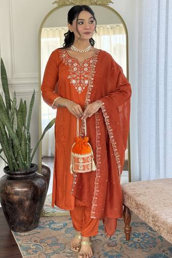 Women's orange viscose chinon embroidered kurta pant set with chanderi dupatta