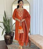 Women's orange viscose chinon embroidered kurta pant set with chanderi dupatta