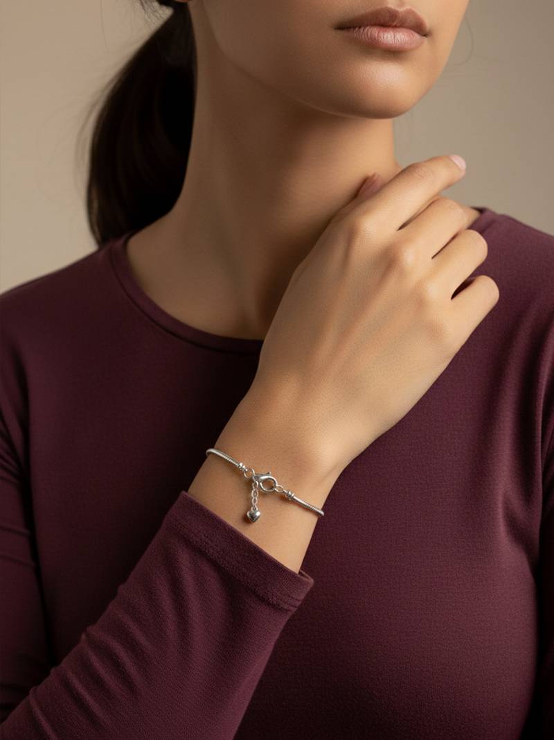 Nvr women's silver plated heart snake chain adjustable bracelet 