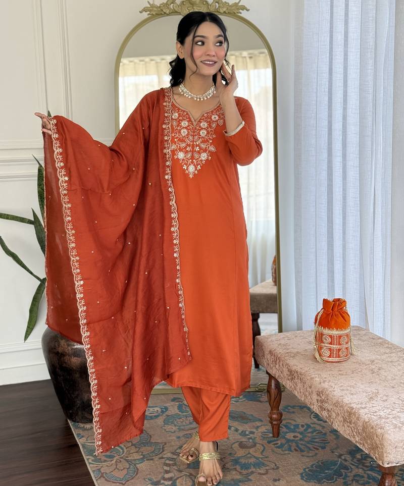 Women's orange viscose chinon embroidered kurta pant set with chanderi dupatta