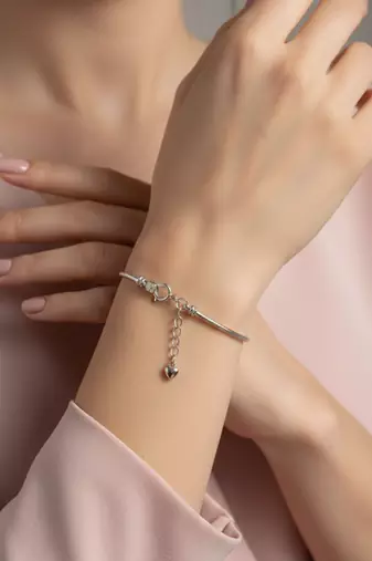 Nvr women's silver plated heart snake chain adjustable bracelet 