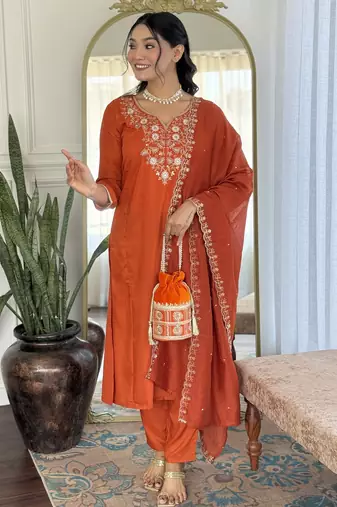 Women's orange viscose chinon embroidered kurta pant set with chanderi dupatta