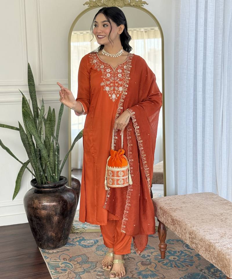 Women's orange viscose chinon embroidered kurta pant set with chanderi dupatta