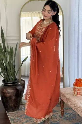 Women's orange viscose chinon embroidered kurta pant set with chanderi dupatta