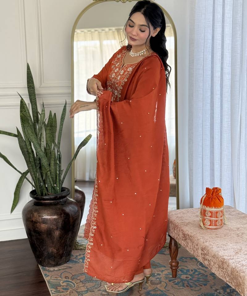 Women's orange viscose chinon embroidered kurta pant set with chanderi dupatta