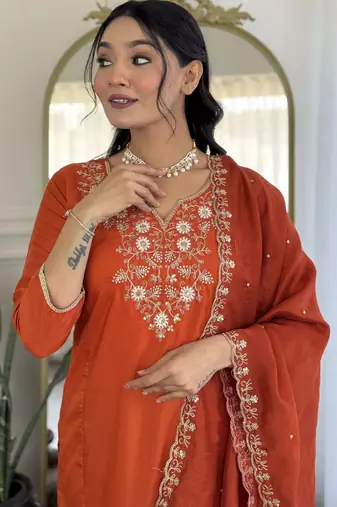 Women's orange viscose chinon embroidered kurta pant set with chanderi dupatta