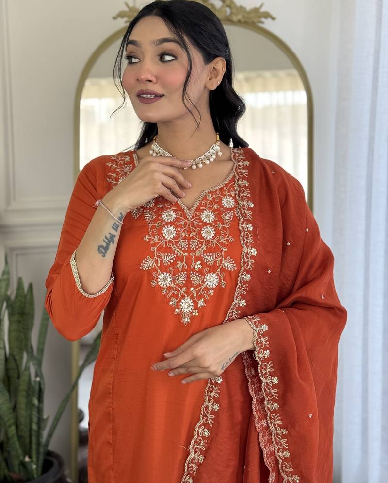 Women's orange viscose chinon embroidered kurta pant set with chanderi dupatta