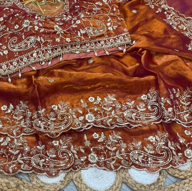 Orange  Color Embroidery sequence work heavy border Satin Saree