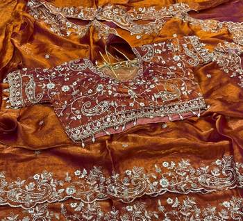 Orange  Color Embroidery sequence work heavy border Satin Saree 2