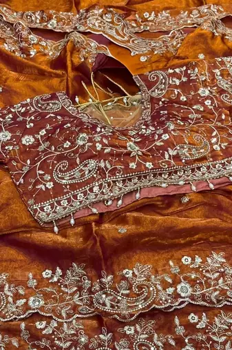 Orange  Color Embroidery sequence work heavy border Satin Saree