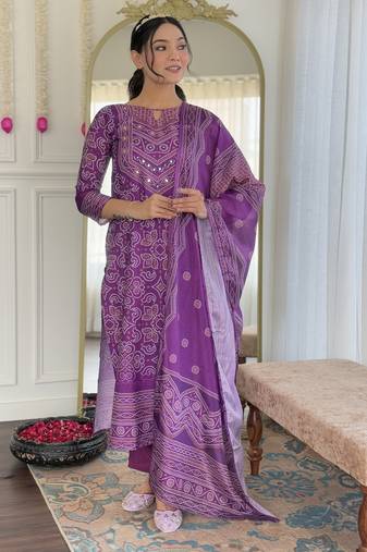 Purple french crepe sequin & stone embroidery kurta pant set with printed chinon dupatta
