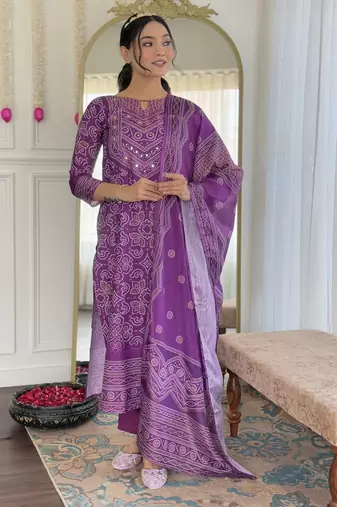 Purple french crepe sequin & stone embroidery kurta pant set with printed chinon dupatta
