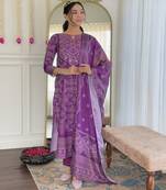 Purple french crepe sequin & stone embroidery kurta pant set with printed chinon dupatta