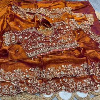 Orange  Color Embroidery sequence work heavy border Satin Saree 3