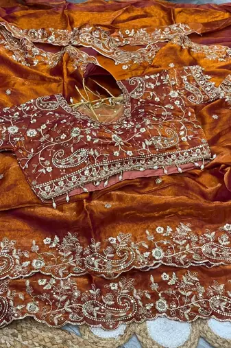 Orange  Color Embroidery sequence work heavy border Satin Saree