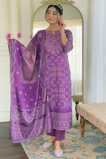 Purple french crepe sequin & stone embroidery kurta pant set with printed chinon dupatta