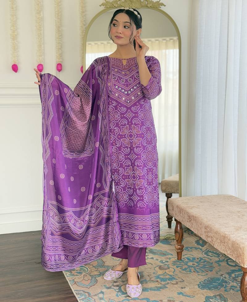 Purple french crepe sequin & stone embroidery kurta pant set with printed chinon dupatta