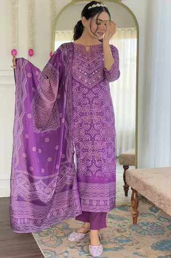 Purple french crepe sequin & stone embroidery kurta pant set with printed chinon dupatta