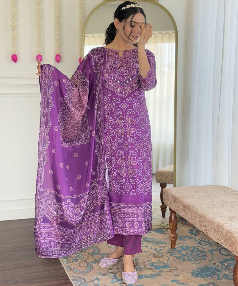Purple french crepe sequin & stone embroidery kurta pant set with printed chinon dupatta