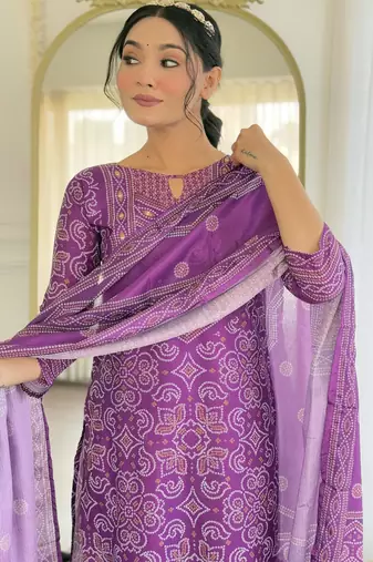 Purple french crepe sequin & stone embroidery kurta pant set with printed chinon dupatta