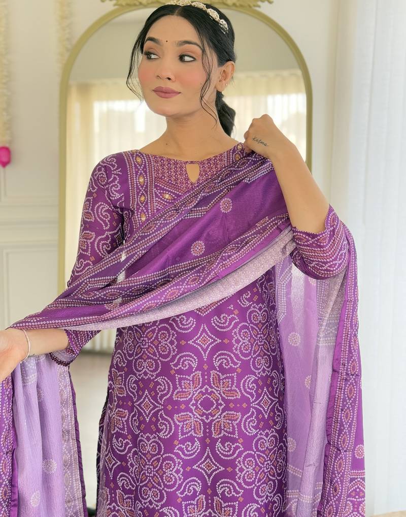 Purple french crepe sequin & stone embroidery kurta pant set with printed chinon dupatta