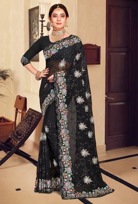 Black sequin zari resham stone embroidered georgette designer saree for women 1