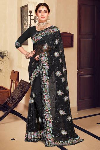 Black sequin zari resham stone embroidered georgette designer saree for women