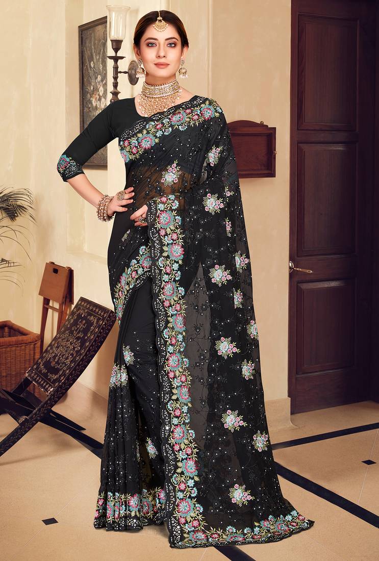 Black sequin zari resham stone embroidered georgette designer saree for women
