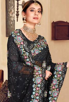 Black sequin zari resham stone embroidered georgette designer saree for women 2