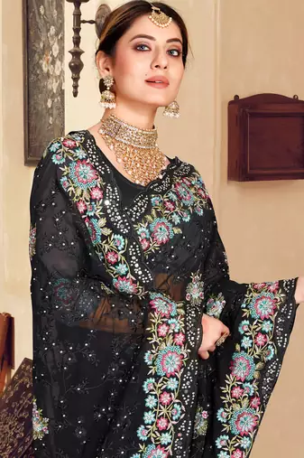 Black sequin zari resham stone embroidered georgette designer saree for women