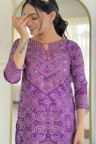 Purple french crepe sequin & stone embroidery kurta pant set with printed chinon dupatta