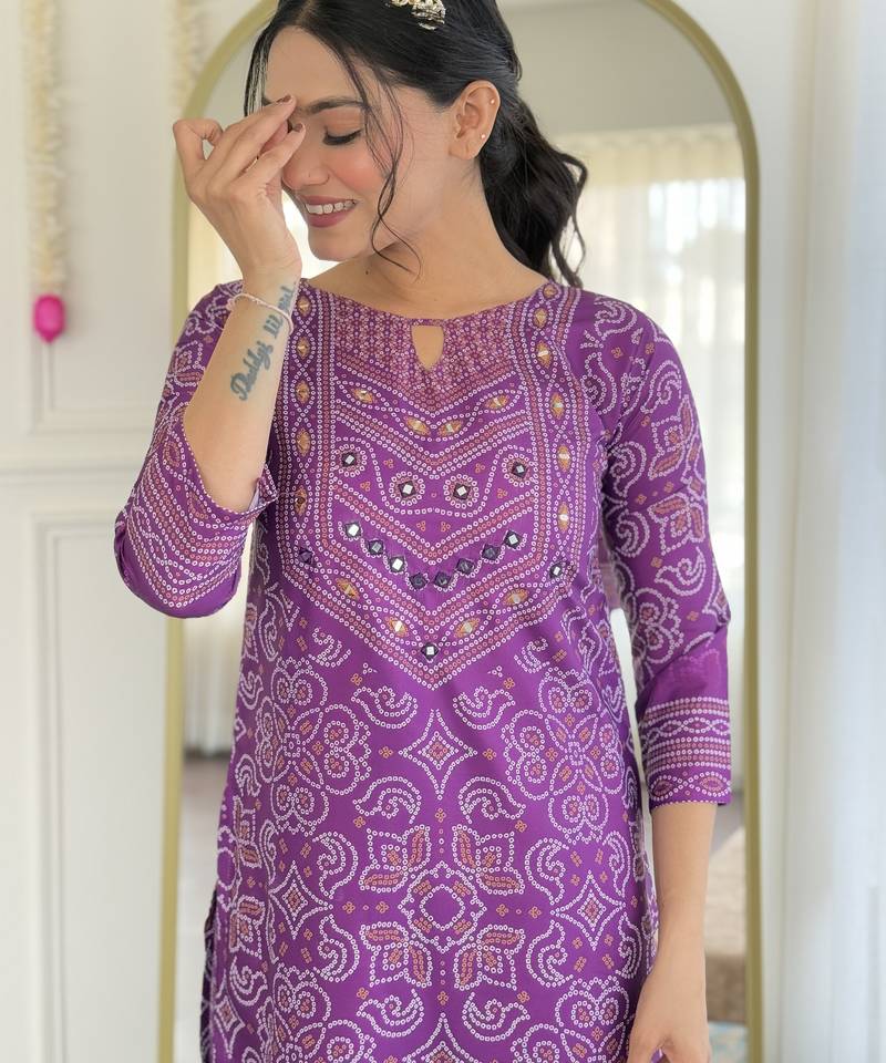Purple french crepe sequin & stone embroidery kurta pant set with printed chinon dupatta