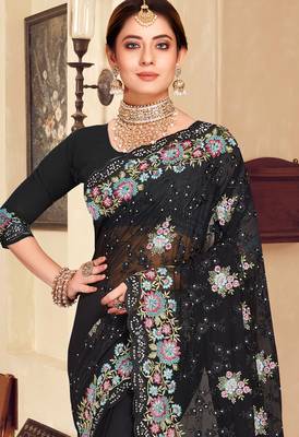 Black sequin zari resham stone embroidered georgette designer saree for women 3