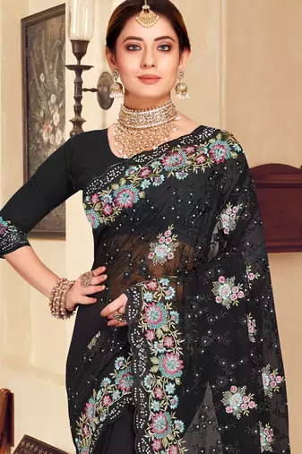 Black sequin zari resham stone embroidered georgette designer saree for women