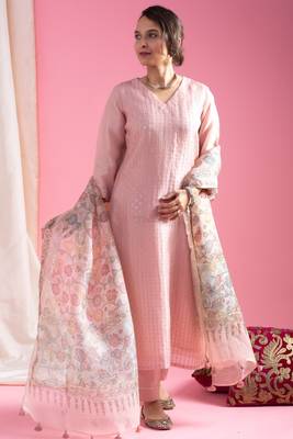 Women's pink viscose chanderi sequin stone embroidery v-neck kurta pant set with printed organza dupatta 1