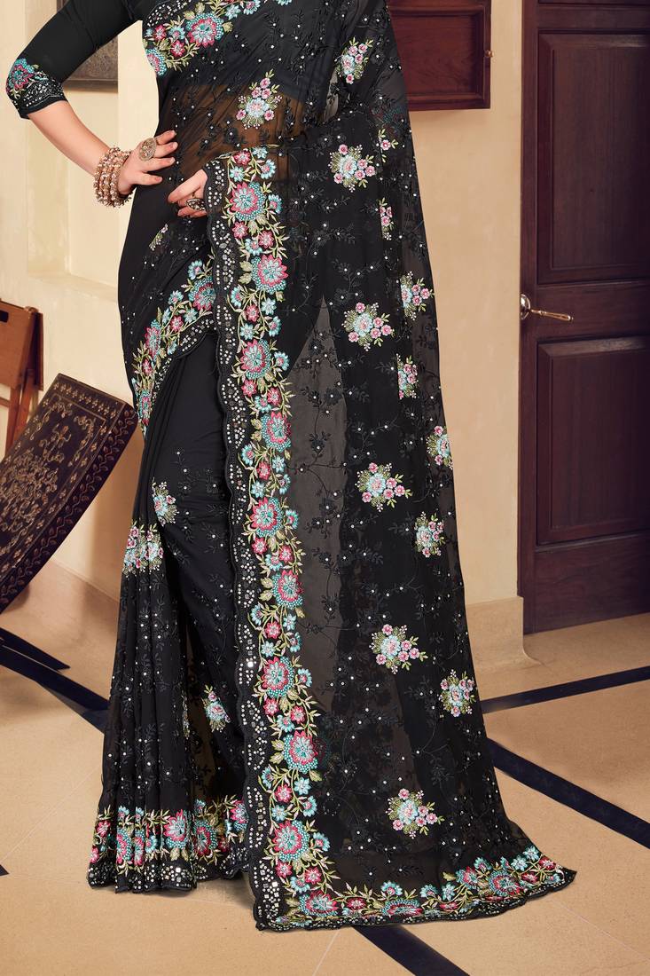 Black sequin zari resham stone embroidered georgette designer saree for women