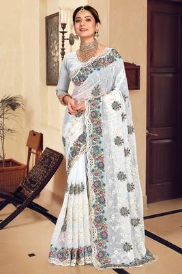 White sequin zari resham stone embroidered georgette designer saree for women 1