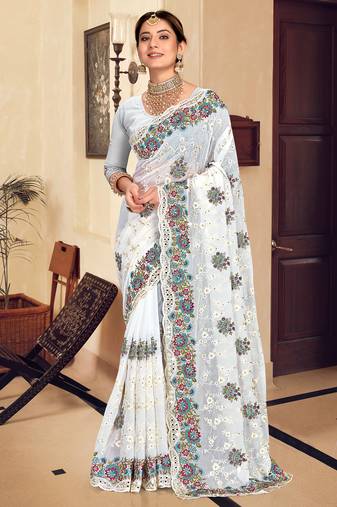 White sequin zari resham stone embroidered georgette designer saree for women
