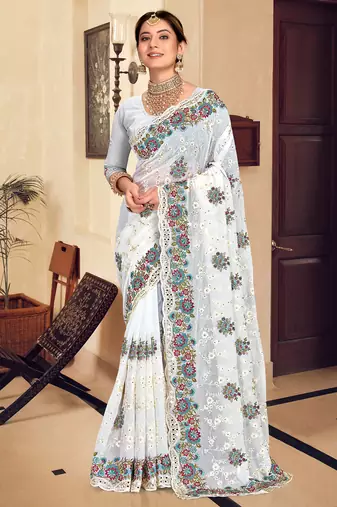White sequin zari resham stone embroidered georgette designer saree for women