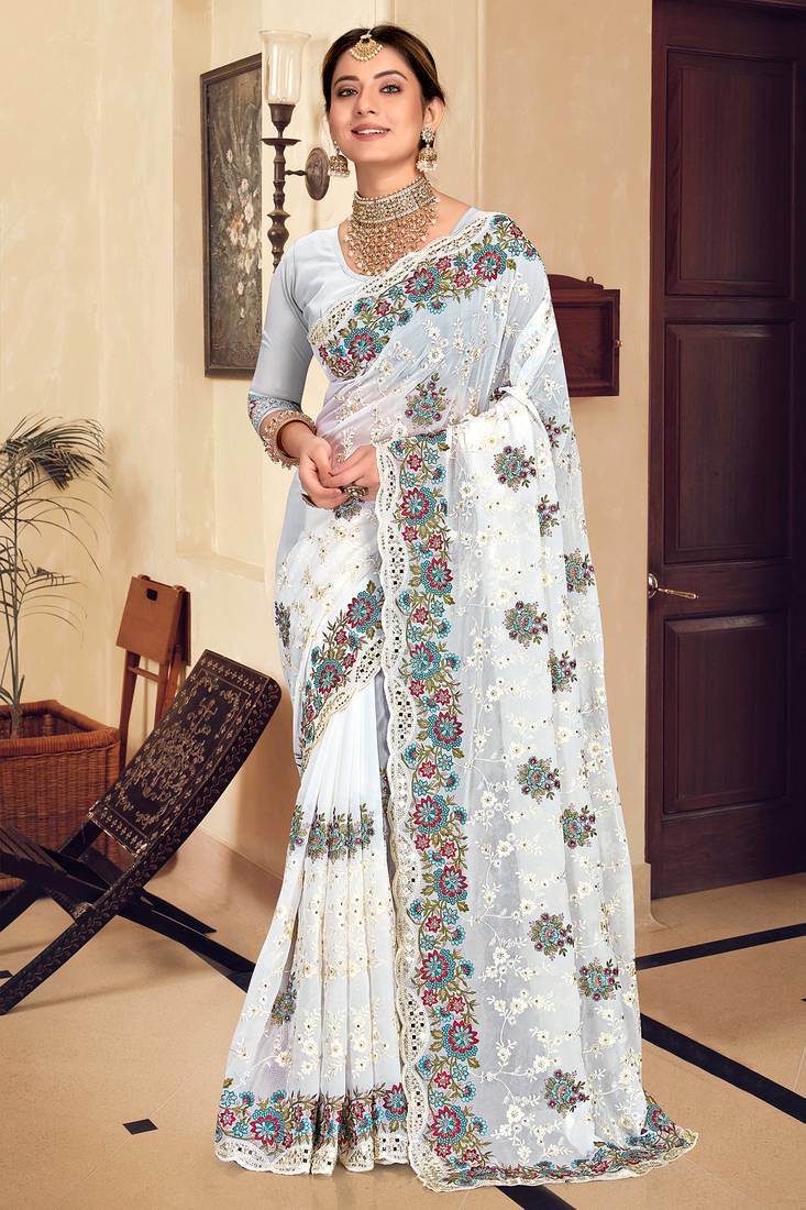 White sequin zari resham stone embroidered georgette designer saree for women