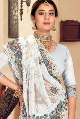 White sequin zari resham stone embroidered georgette designer saree for women 2